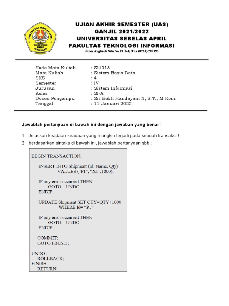 UAS Sistem Basis Data 2021/2022 | PDF