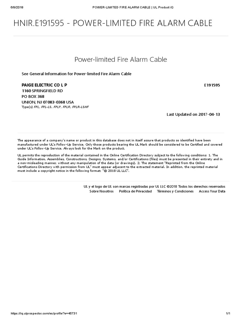Paige UL HNIR.E191595 PowerLimited Fire Alarm Cable PDF