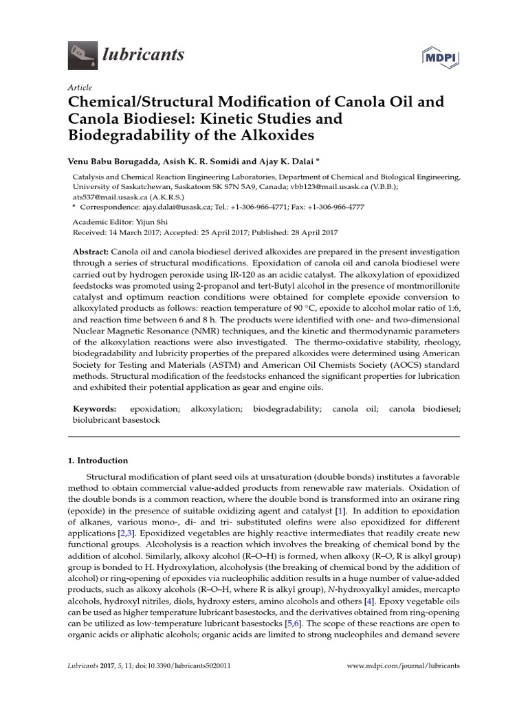 Chemical/Structural Modification of Canola Oil and Canola Biodiesel ...