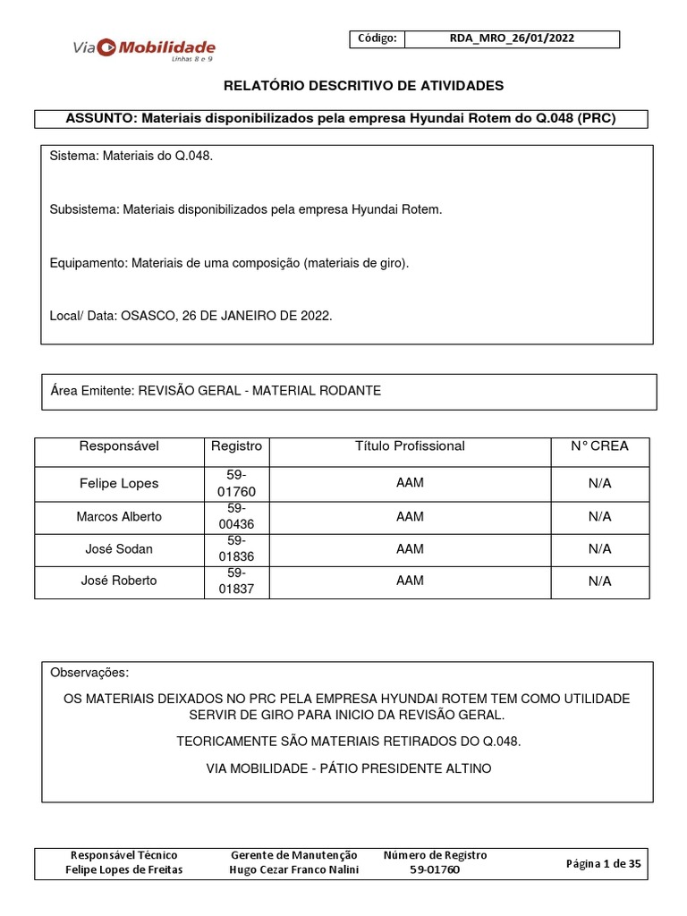Rda - Mro - RD - RG Materiais Disponibilizado Pela Empresa Rotem Do q ...