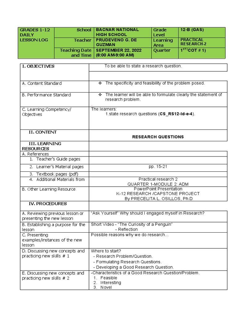 Grade 12 Practical Research Lesson Plan | PDF | Learning | Evaluation