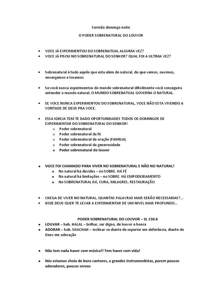 Sermão Domingo Noite Poder Sobrenatural Do Louvor | PDF | Oração | Deus