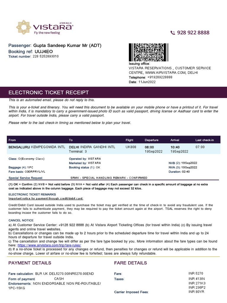 Vistara Flight E-Ticket for Sandeep Gupta | PDF