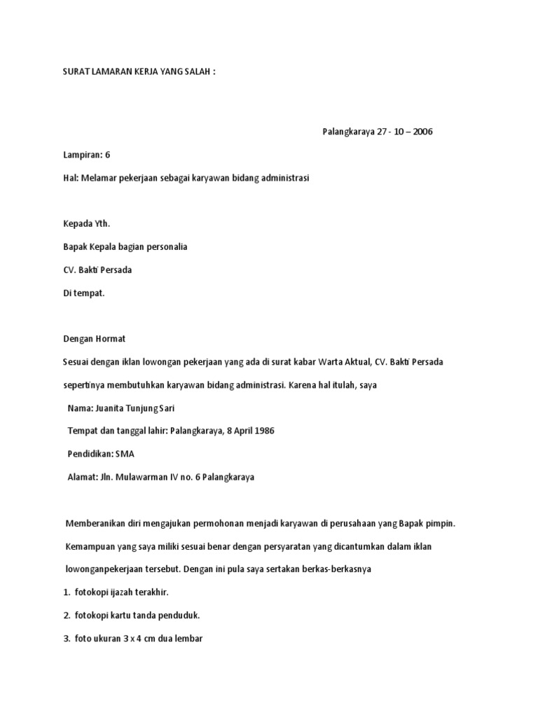 Surat Lamaran Kerja Yang Salah Dan Benar | PDF