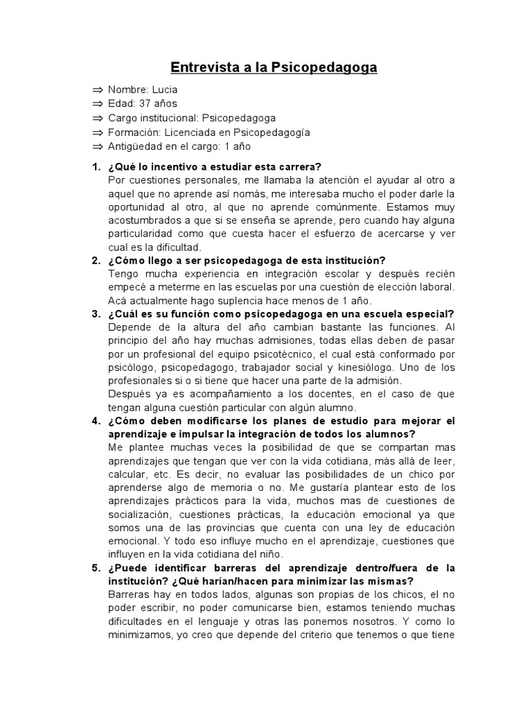 Entrevista A La Psicopedagoga | PDF | Método de enseñanza | Aprendizaje