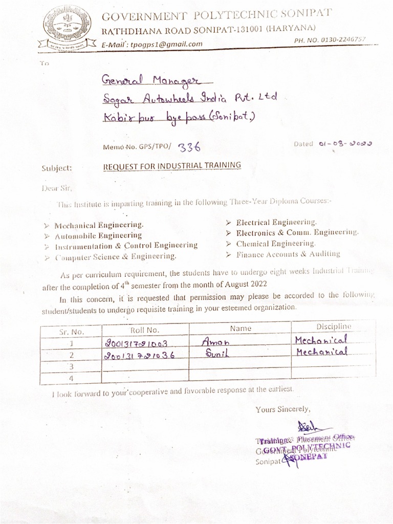 Training Letter | PDF