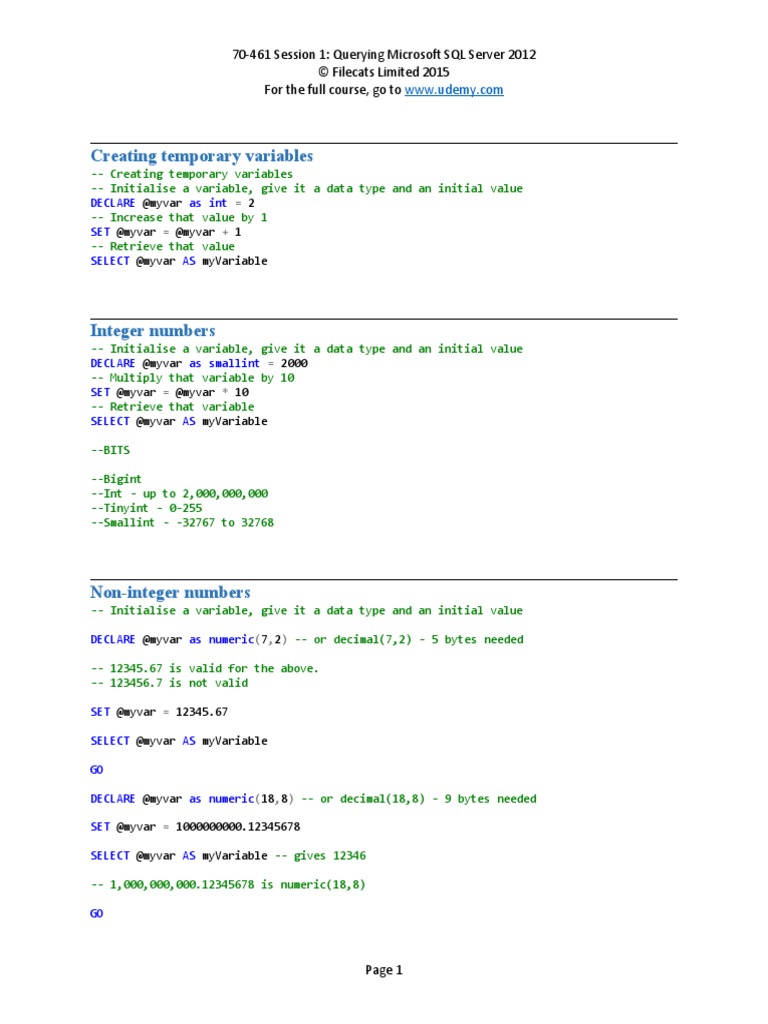 70 461 Session 1 200902 | PDF | Microsoft Sql Server | Data Type