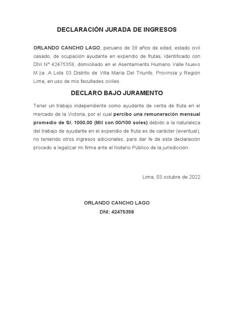 Declaración Jurada de Ingresos | PDF | Finanzas y dinero