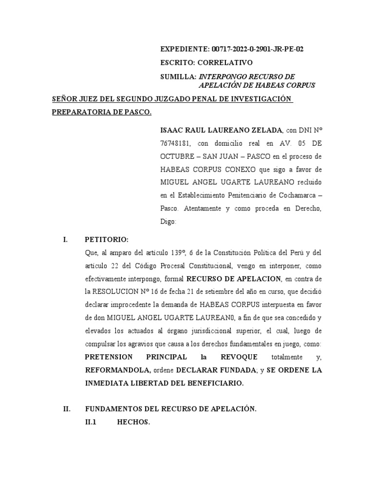 Recurso de Apelación Habeas Corpus Pasco | PDF | Habeas corpus | Debido ...