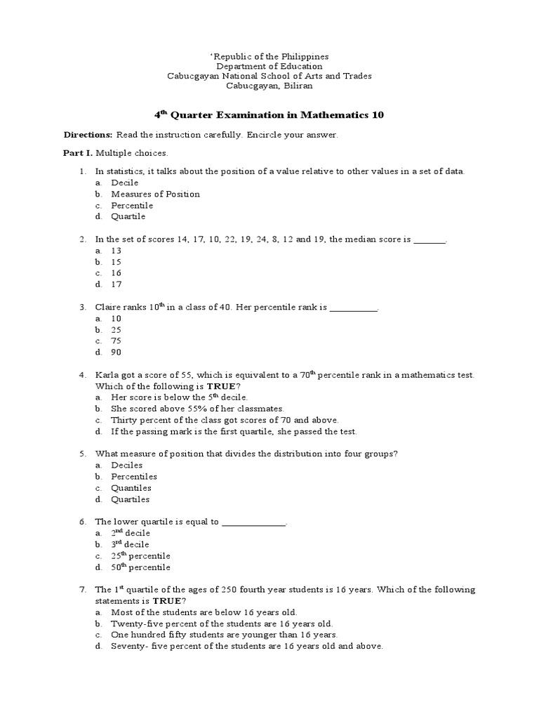 4th Quarter Examination in Mathematics 10 Analysis of Measures of