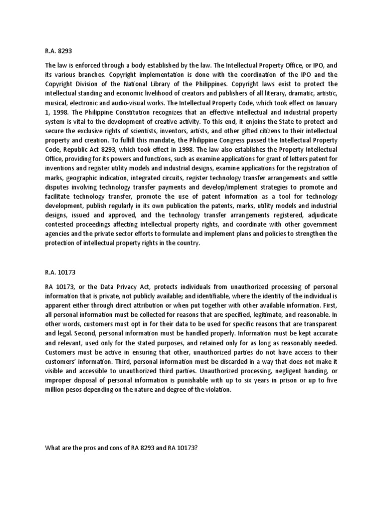 Overview of RA 8293 and RA 10173 Laws | PDF | Intellectual Property ...