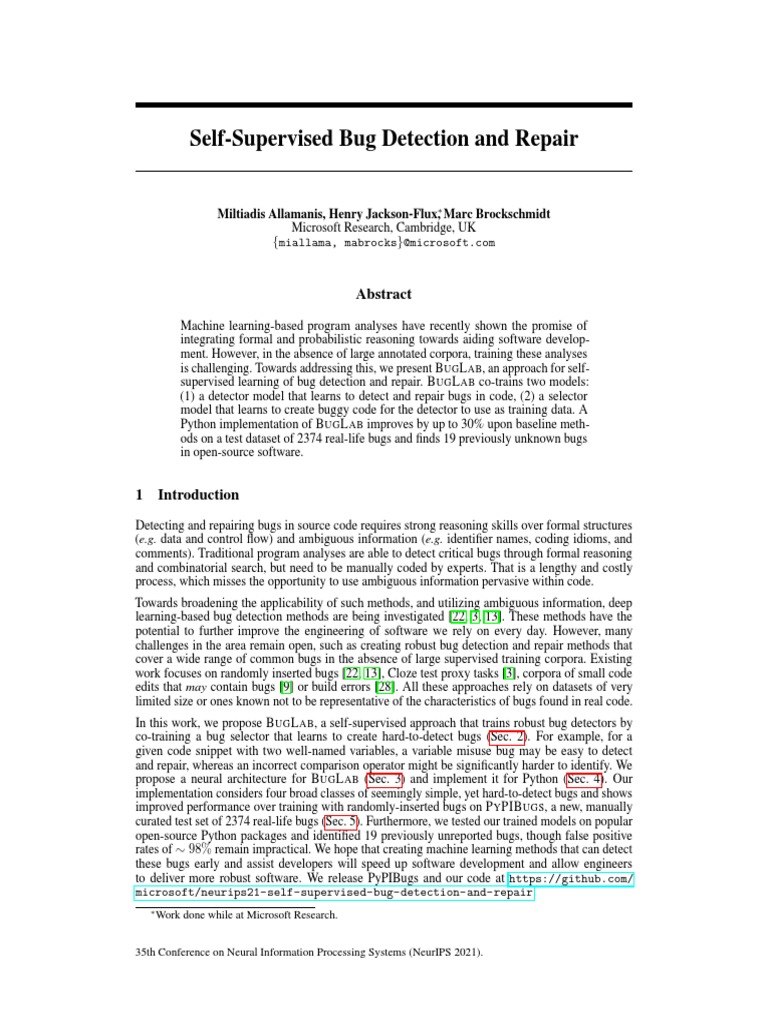 NeurIPS 2021 Self Supervised Bug Detection and Repair Paper PDF