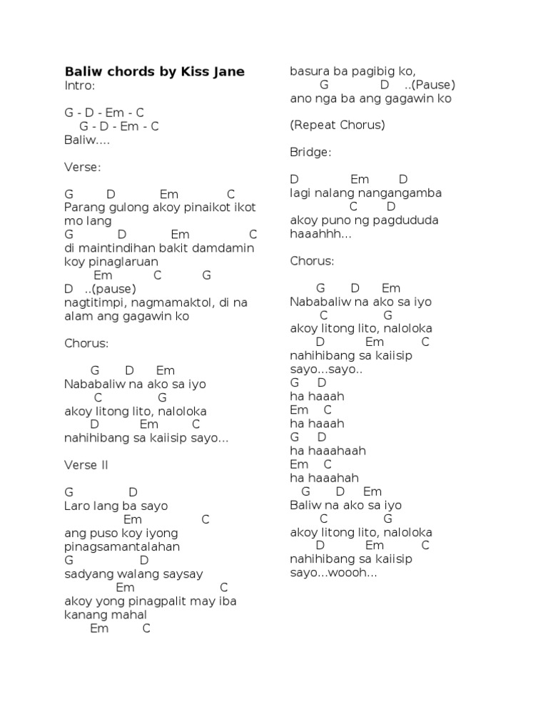 Baliw Chords by Kiss Jane | PDF