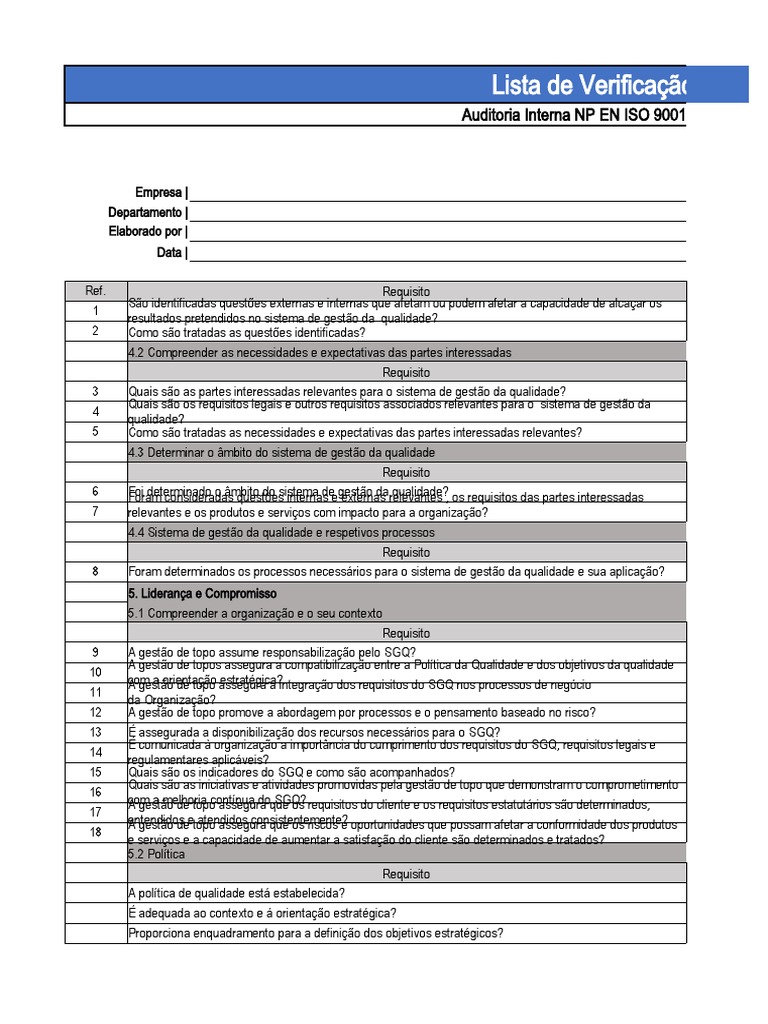 Checklist Auditoria Interna ISO 9001:2015 | PDF | Qualidade (negócios ...