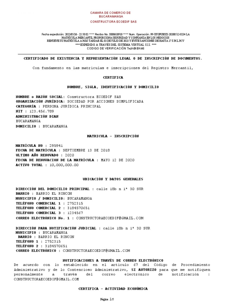 Certificado de Camara de Comercio | Descargar gratis PDF | Sociedad