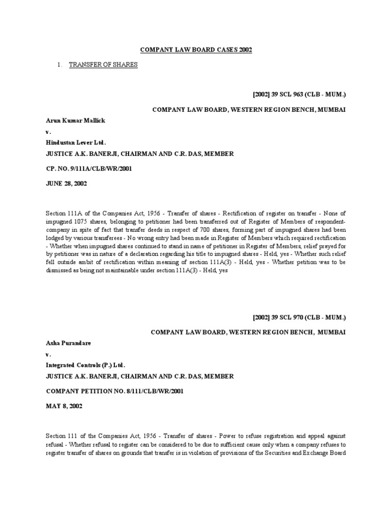 CLB Cases on Share Transfer Issues | PDF | Lien | Lawsuit