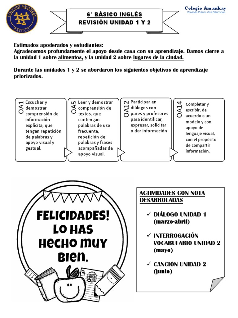 Guía de Inglés 6° Básico: Unidades 1 y 2 | PDF