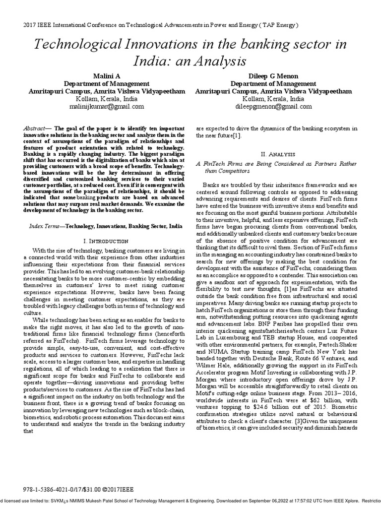 Technological Innovations in The Banking Sector in India An Analysis PDF