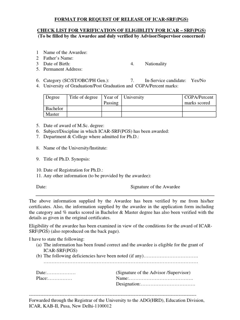 ICAR-SRF(PGS) Release Request Form | PDF | Doctor Of Philosophy ...