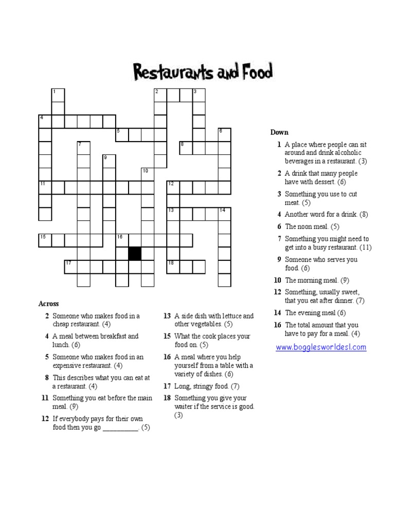 Restaurant Crossword PDF Meal Nutrition