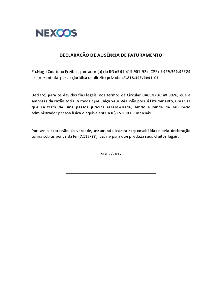 Declaração de Ausência de Faturamento | PDF | Finanças e Administração ...