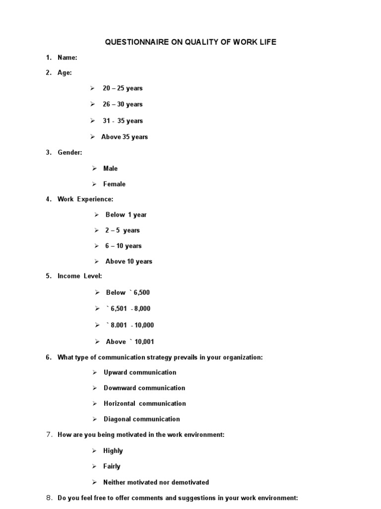 Questionnaire on Quality of Work Life Employment Leadership