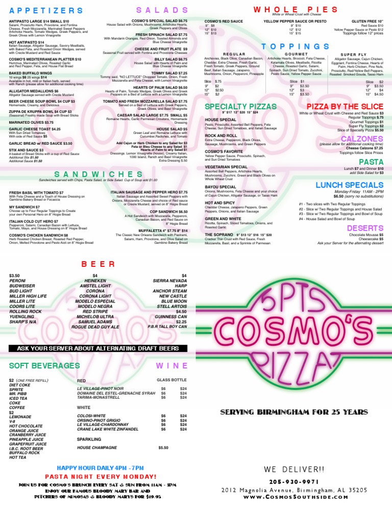 Cosmo's Pizzeria Menu and Prices | PDF