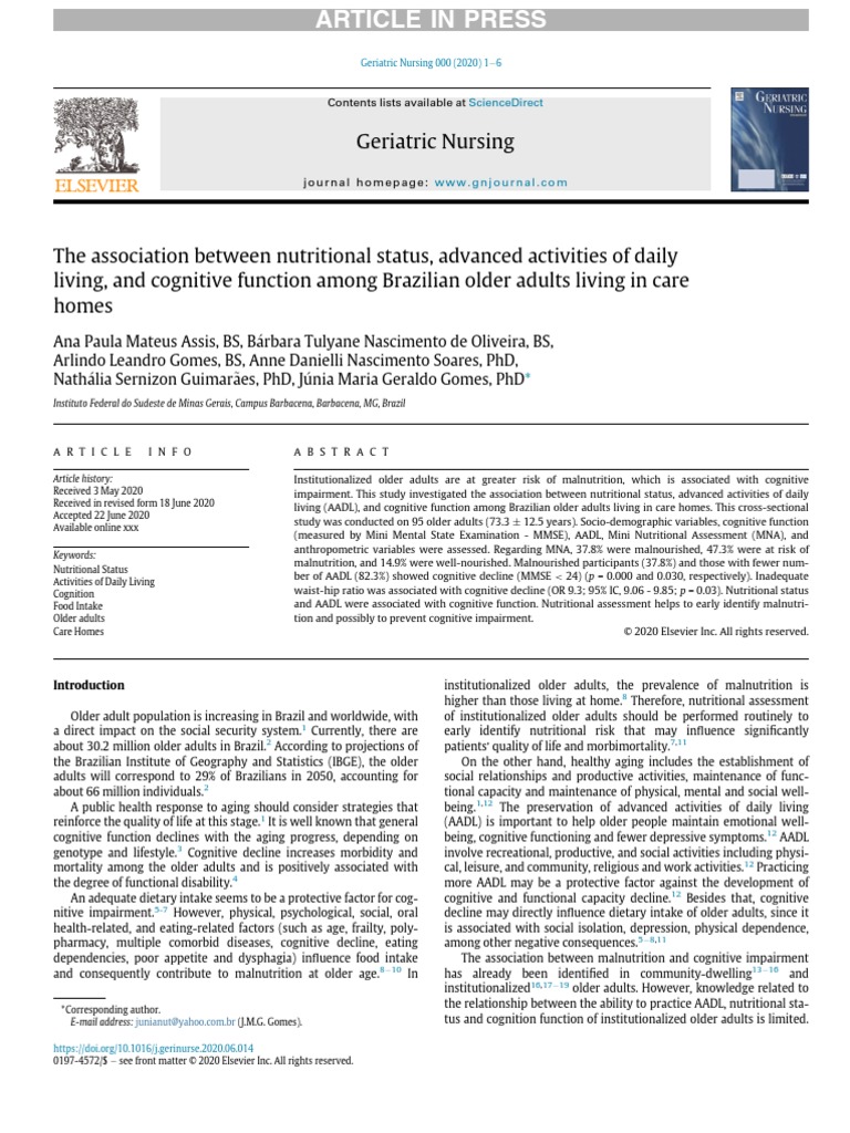Geriatric Nursing Sciencedirect PDF Body Mass Index Nutrients