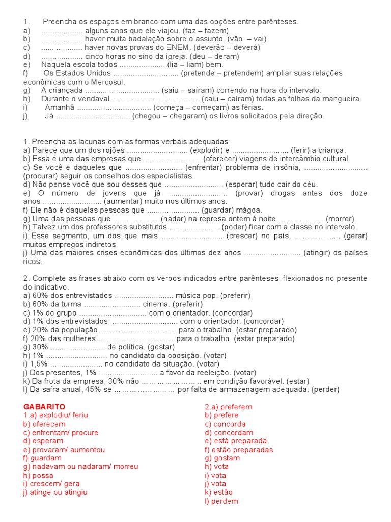 Atividades de Concordância Verbal 7º Ano | PDF