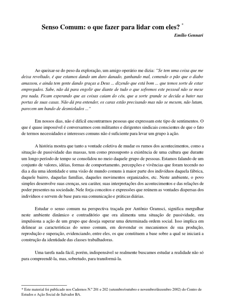 Senso Comum e Ação Coletiva | PDF | Antonio Gramsci | Sociologia