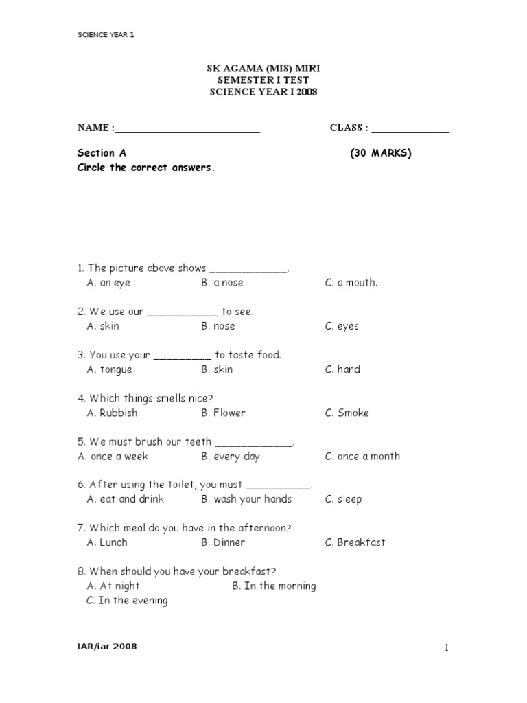 Science Test for Year 1 Miri | PDF