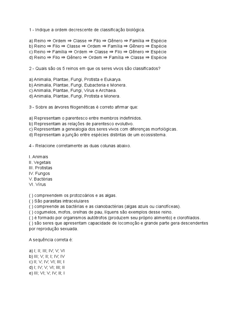 Questões - Classificação Dos Seres Vivos | PDF | Organismos | Taxonomia ...