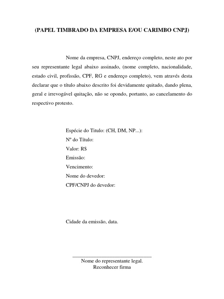 Carta de Anuência - Quitação de Pessoa Jurídica para 