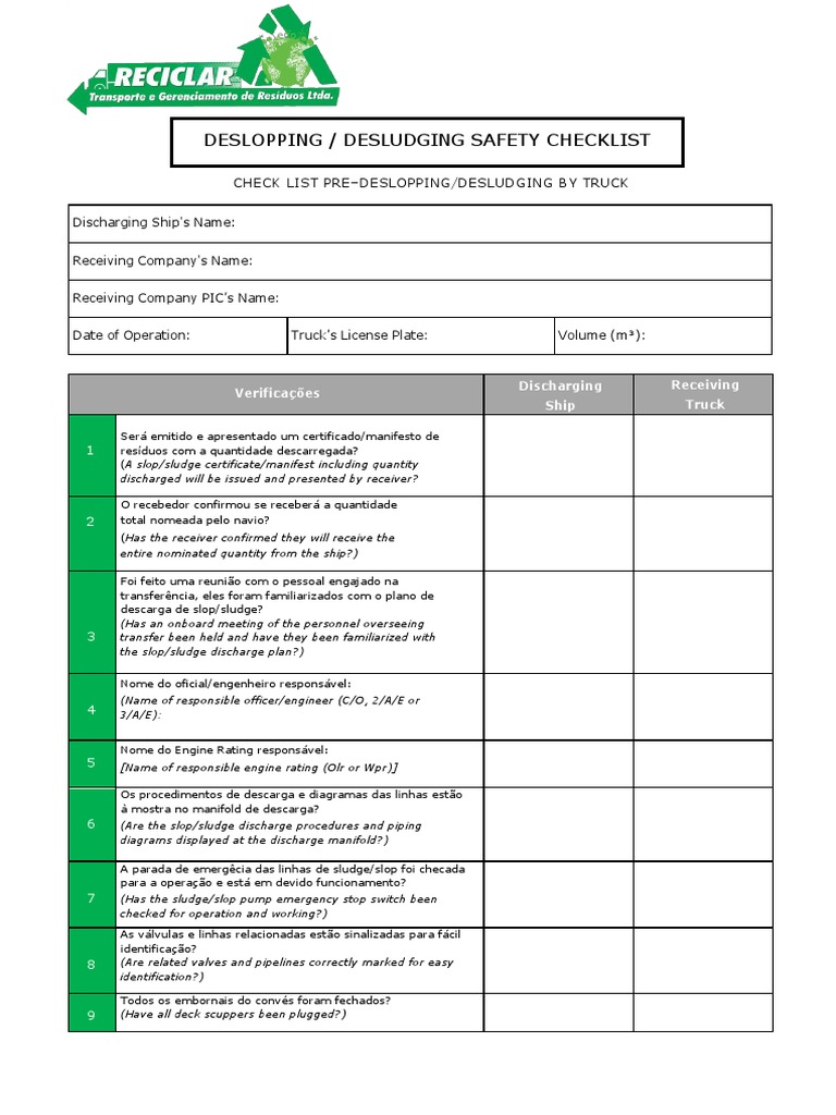 DesloppingDesludging Safety Check List PDF