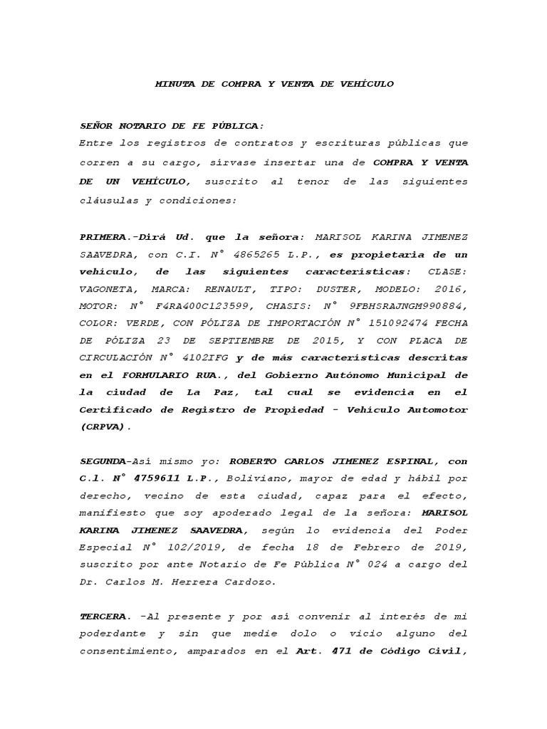 MINUTA DE COMPRA Y VENTA DE VEHÍCULO Bolivia | PDF | Justicia | Crimen ...