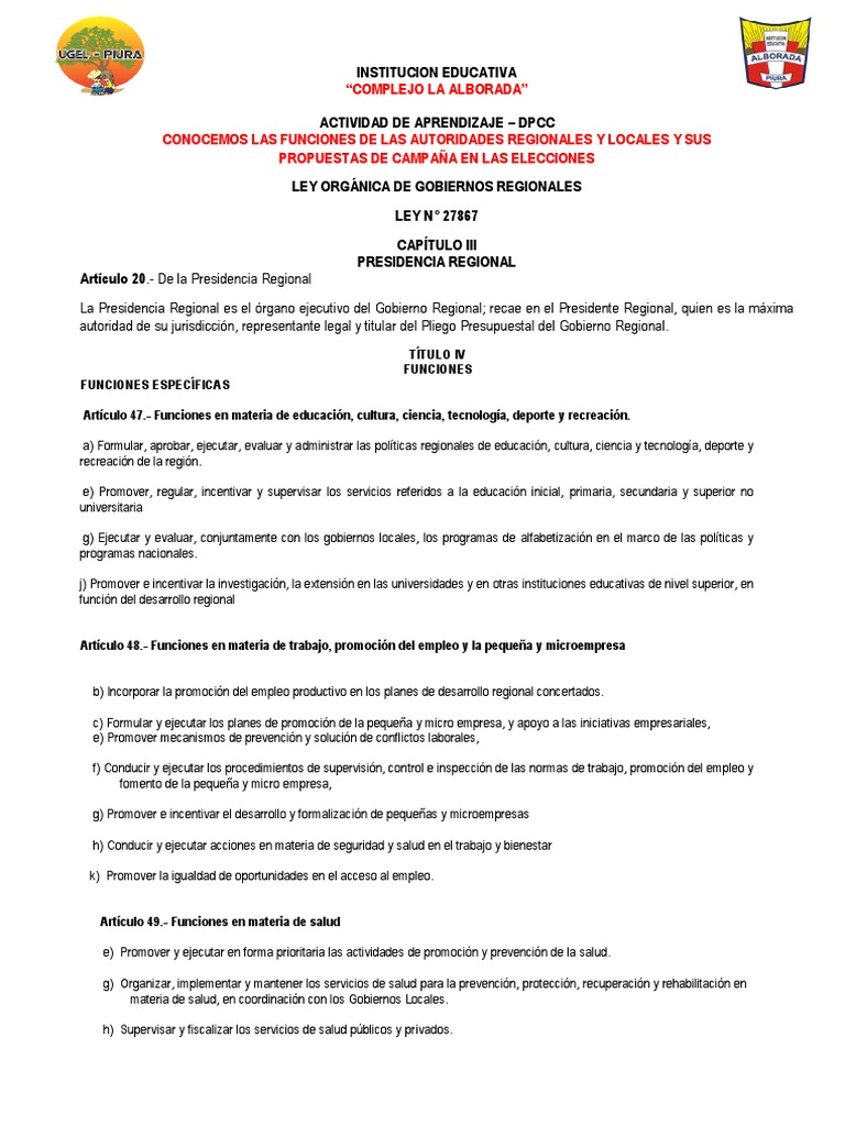 Funciones de Autoridades Regionales y Locales | PDF | Gobierno local ...