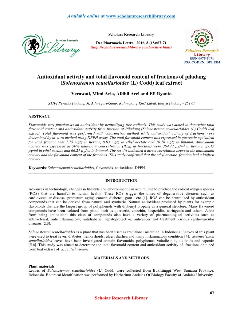 Antioxidant Activity and Total Flavonoid Content of Fractions of