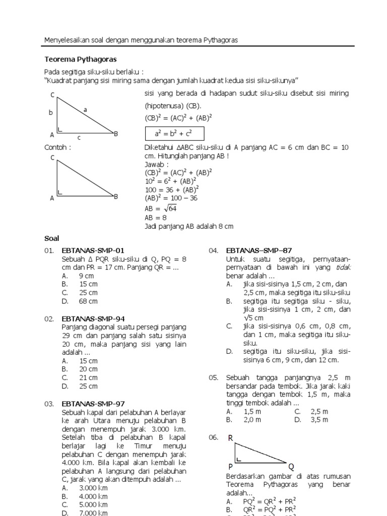 Bank Soal Matematika Smp Teorema Pythagoras