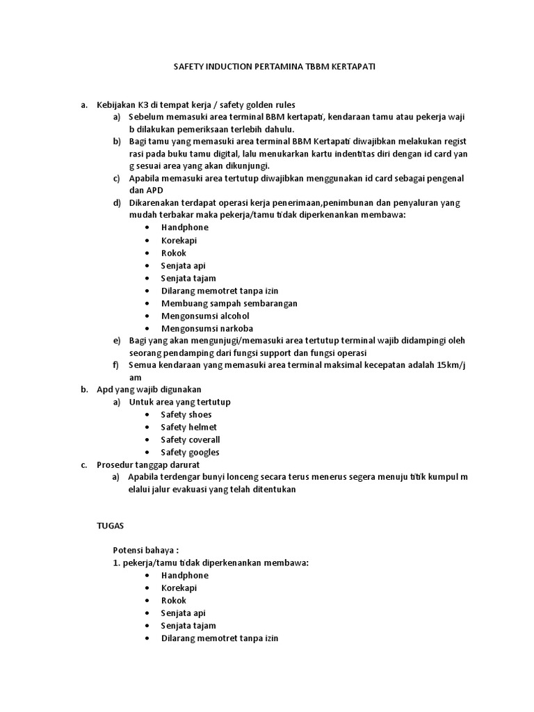 Safety Induction Pertamina Tbbm Kertapati Pdf