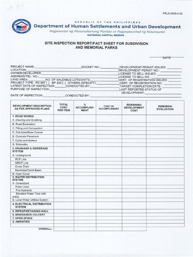 Site Inspection Report - Fact Sheet For Subdivision and Memorial Parks ...