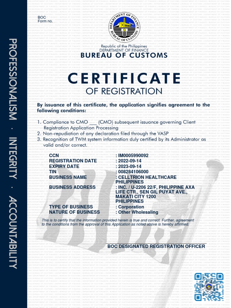 BOC Certificate of Registration for Celltrion | PDF