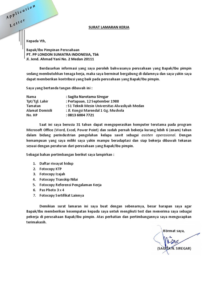 SURAT LAMARAN KERJA Lonsum | PDF