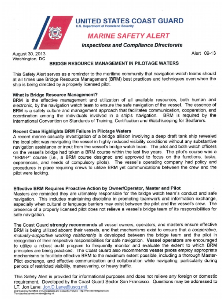 Safety Alert 28 Us Coastguard Bridge Resource Management in Pilotage Waters Alert 0913 PDF
