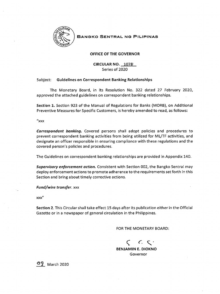 BSP Circular Guidelines On Correspondent Banking Relationships | PDF