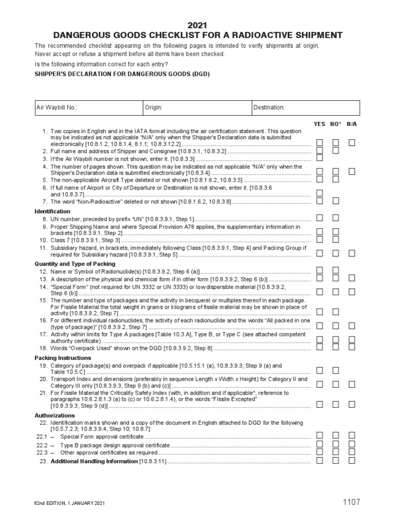Dangerous Goods Checklist for Radioactive Shipments | PDF | Dangerous ...