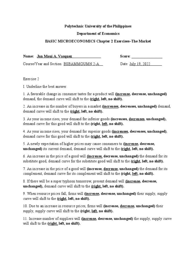 Chapter 2 Exercises-TheMarket | PDF | Supply (Economics) | Economic ...
