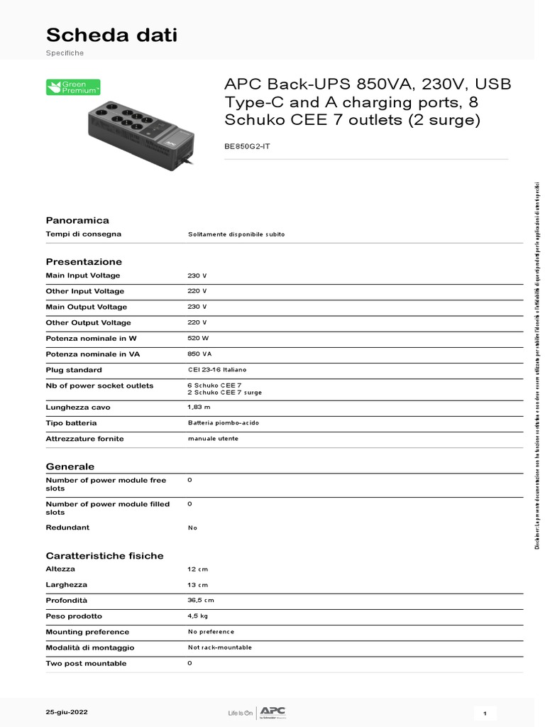 Back UPS - BE850G2 IT | PDF
