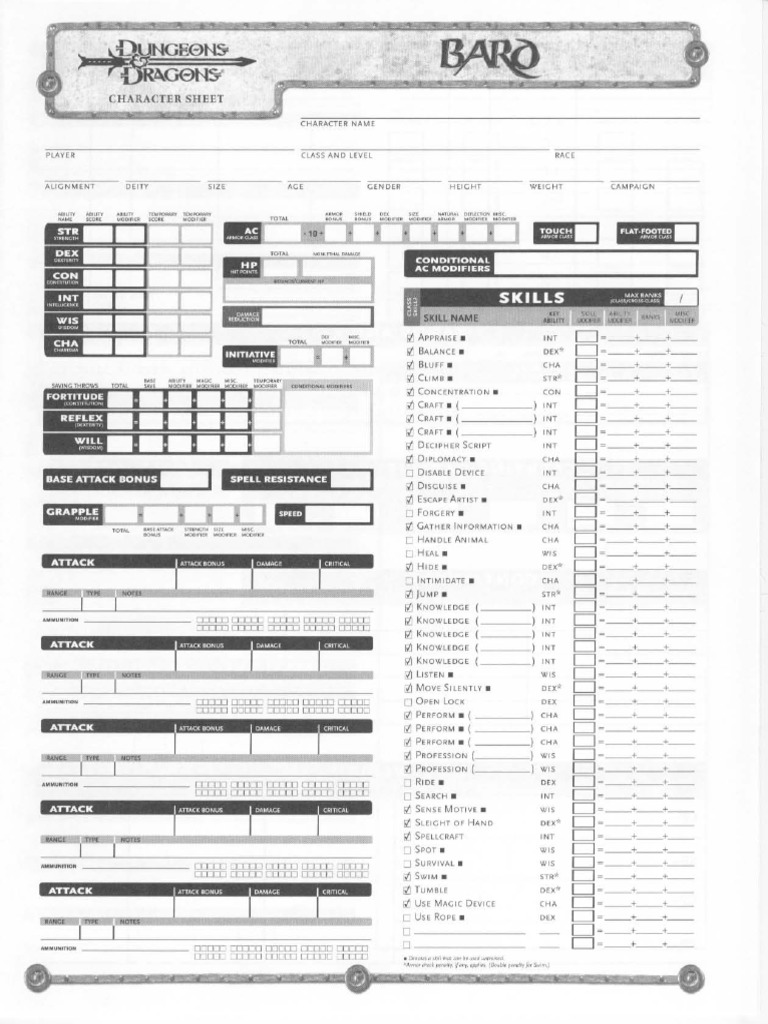 Bard Deluxe Character Sheets PDF