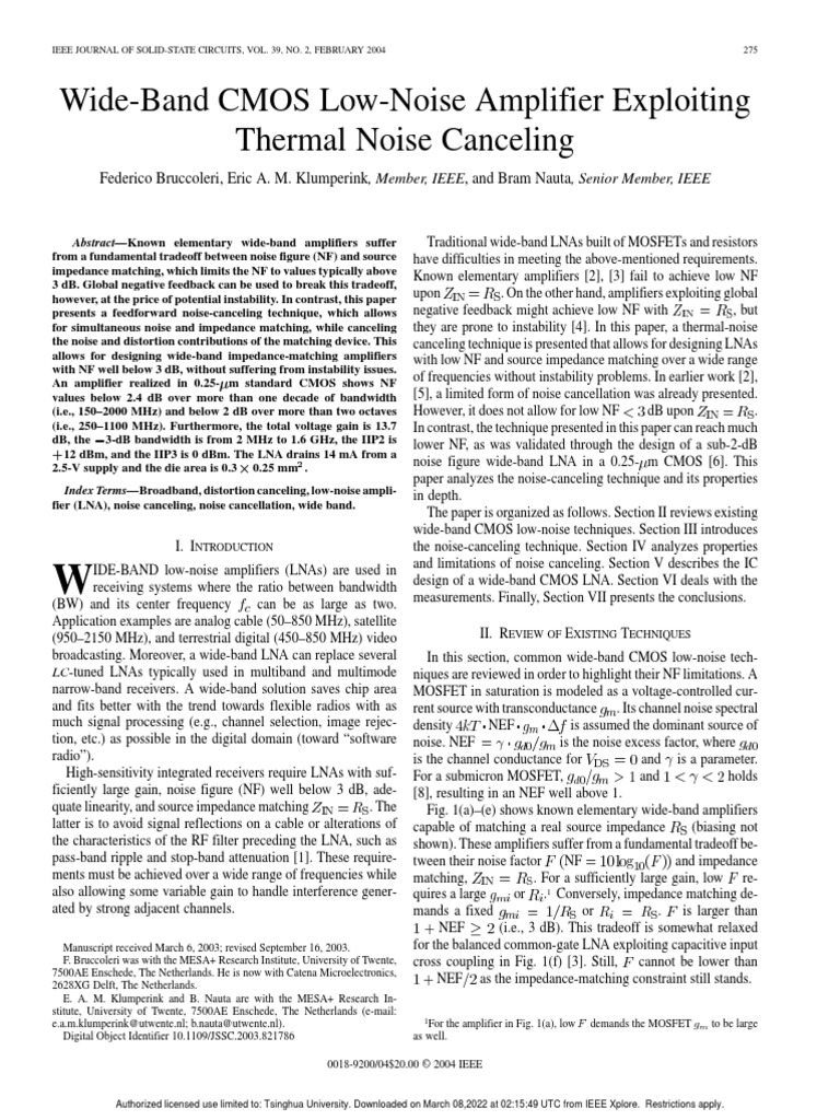 Wideband CMOS Lownoise Amplifier Exploiting Thermal Noise Canceling