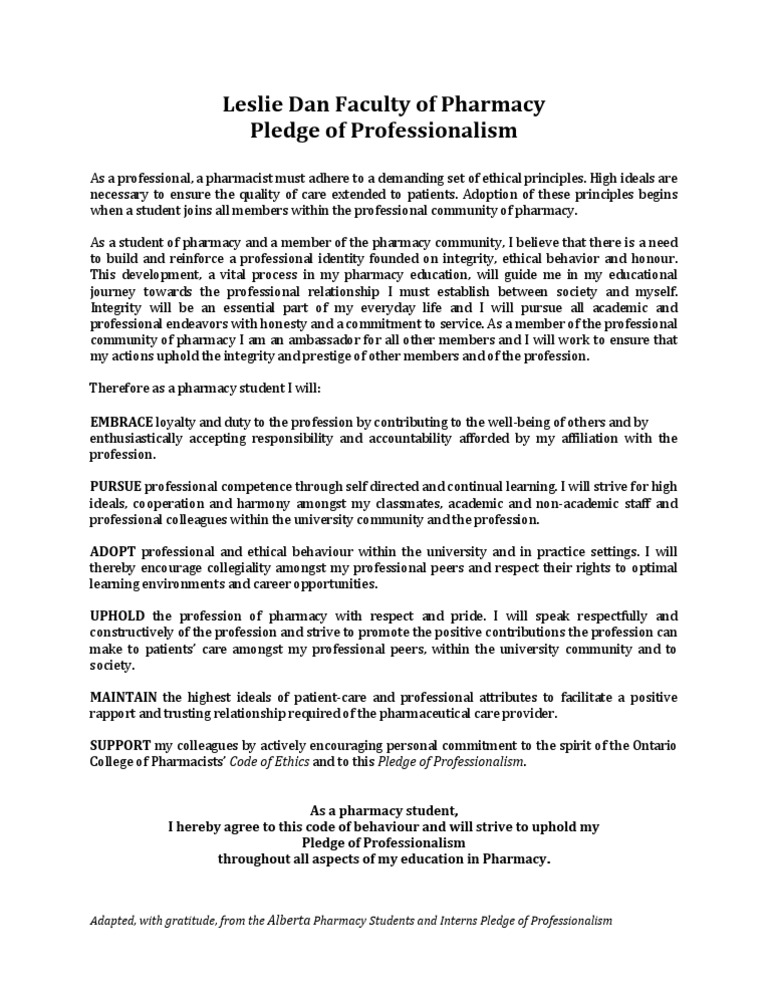 Pledge of Professionalism | Profession | Pharmacy